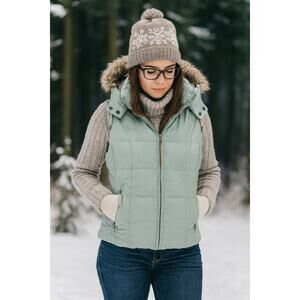 Eddie Bauer Womens Goose Down Puffer Vest Faux Fur Hoodie Yukon Model Sage L